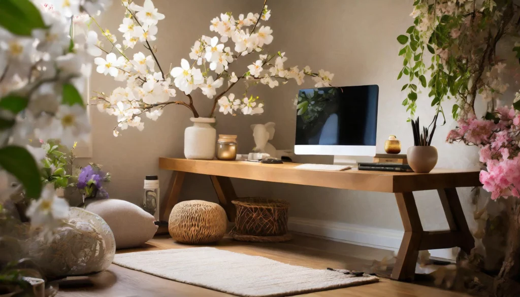 Un ordinateur posé sur un bureau en bois dans une ambiance zen.